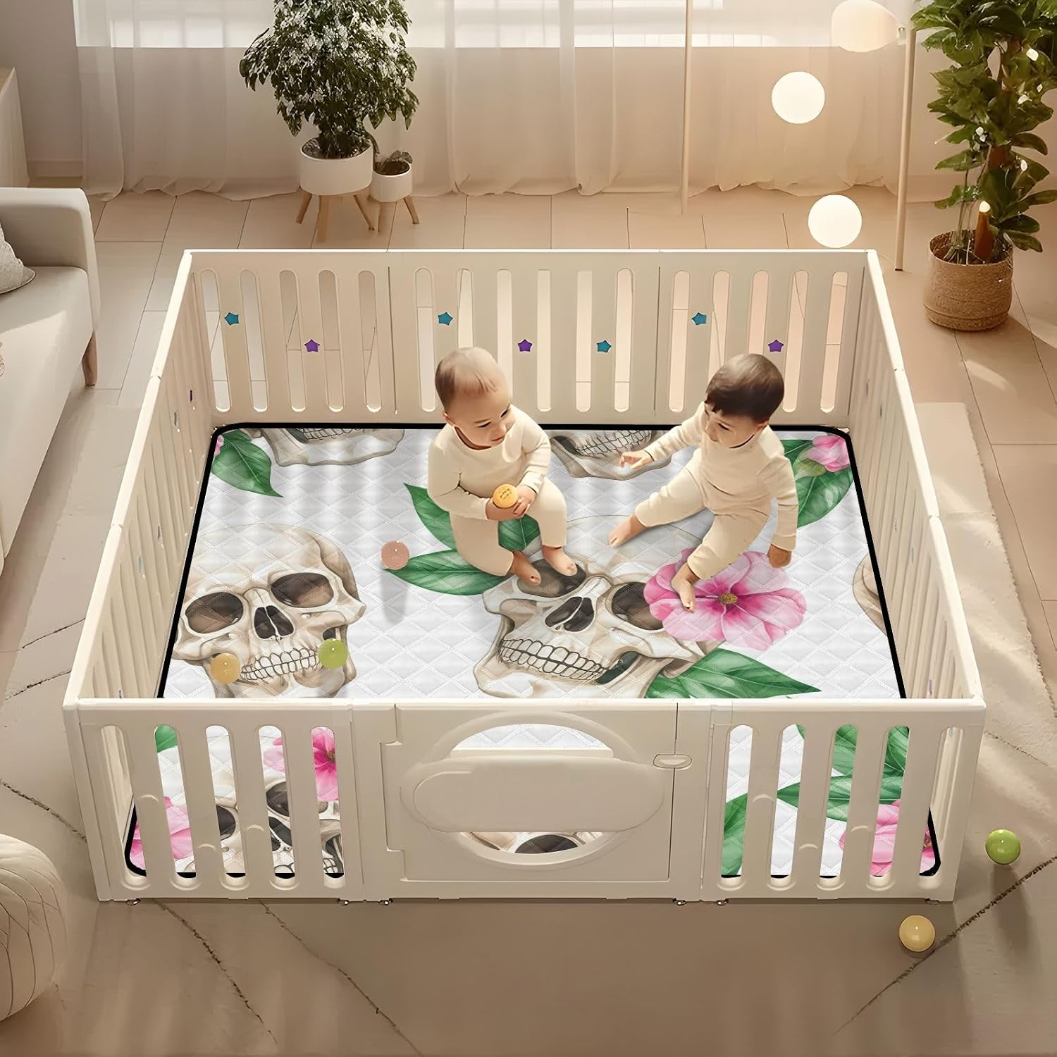 Watercolor Skulls & Flowers Baby Play Mat, 50“ X 50” Washable Folding Crawling Mat, Baby Floor Mat, Soft, Non-Slip