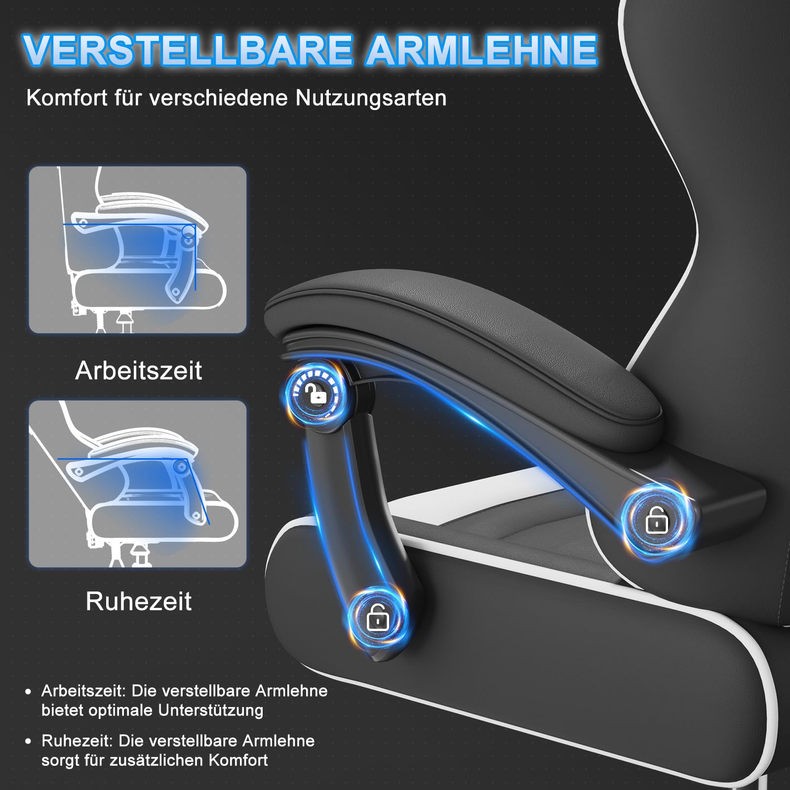 Devoko Gaming Stuhl mit Massagefunktion, Bürostuhl Ergonomisch mit Verstellbarer Ruckenlehne (90-135), Schreibtischstuhl mit Bewegliche Armlehne, max 135kg, Schwarz Weiß