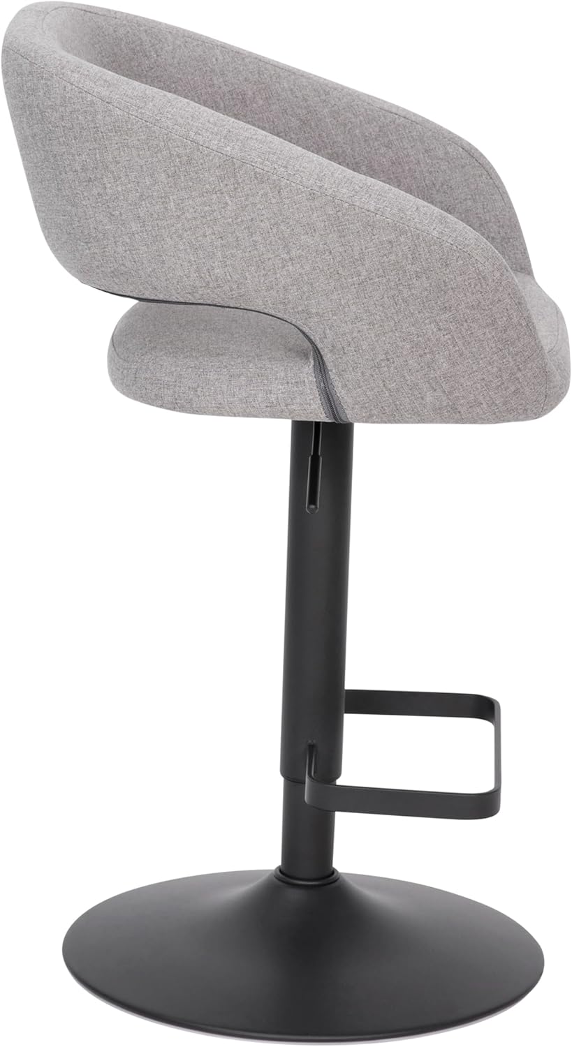EMMA + OLIVER Shae Adjustable Height Barstool - Gray Fabric Upholstery - Rounded Cutout Mid-Back - Foam Padding - Swivel Seat - Black Pedestal Base