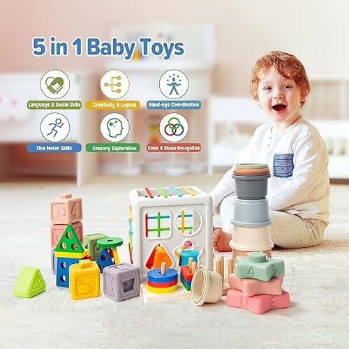 Miniatura 2 de Juguetes para bebés de 6 a 12 meses, juguetes Montessori 5 en 1 para bebés de 12 a 18 meses, juguete sensorial infantil incluye cubo de