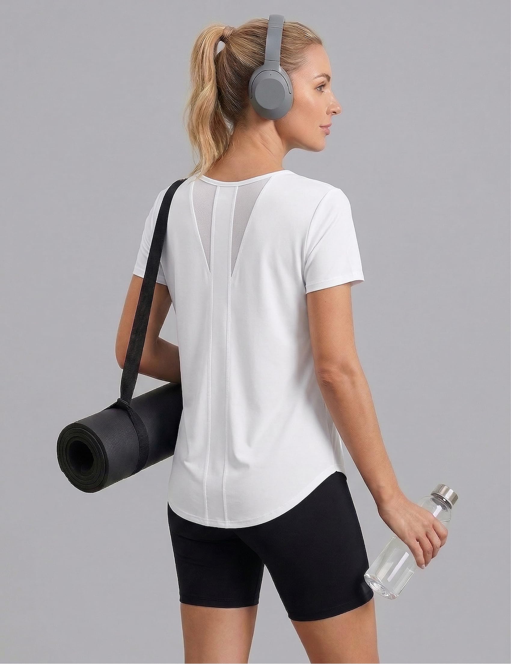 T Shirt Sport Femme Manches Courtes Col Rond Dos en Maille Respirante Haut Léger Séchage Rapide Running Yoga Fitness S-XXL