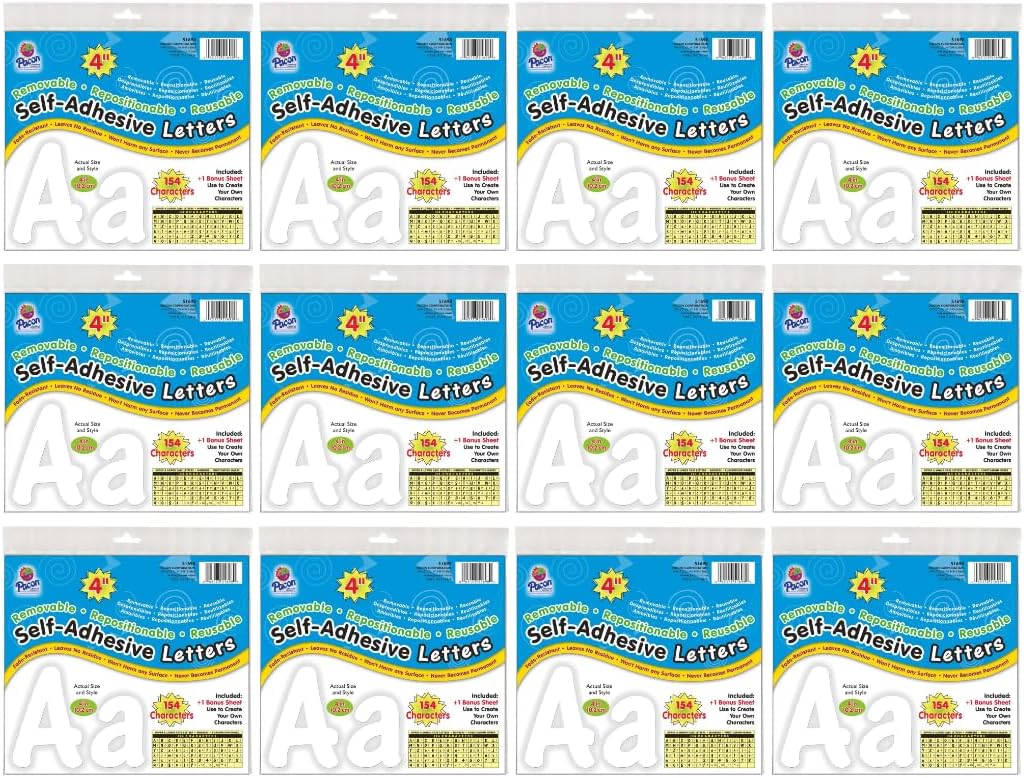 Pacon Reusable Self-Adhesive Vinyl Letters & Numbers Cheery Font 4" White, Pack of 12