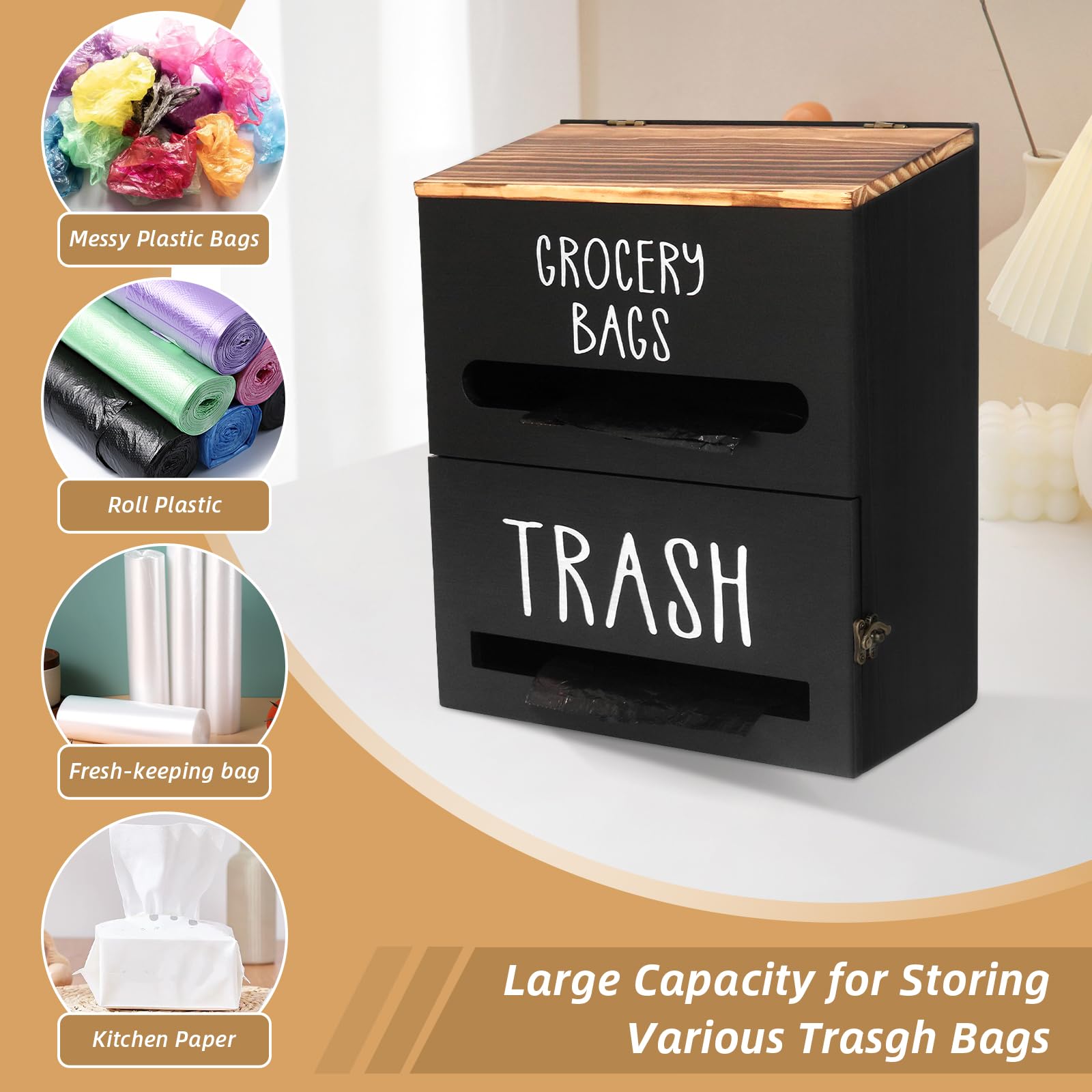Dispensador de bolsas de basura 2 en 1, doble pared, soporte de madera para bolsas de basura, utilizado en cocina, garaje, lavandería, puede almacenar bolsas de alimentos y bolsas de basura