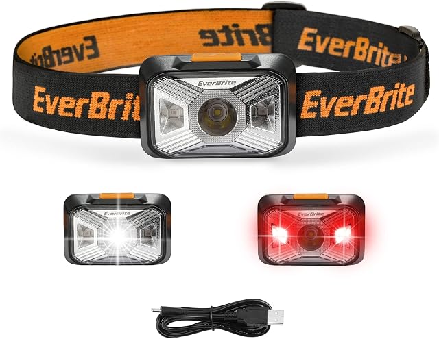 EVERBRITE Head Torch Rechargeable, LED Headlight Super Bright with Red Light, 200 Lumen 4 Modes Lightweight Headlamp, for Power Cuts, Emergency, Running, Hiking