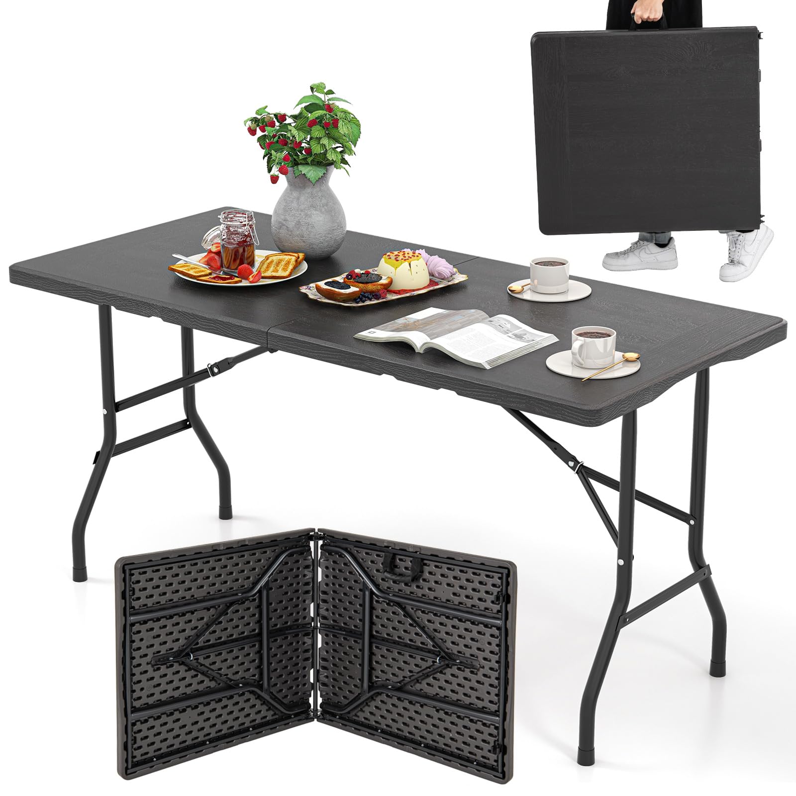 RELAX4LIFE Tavolo da Campeggio Pieghevole, Tavolino Portatile con Effetto Legno in HDPE e Struttura in Metallo, Tavolo da Picnic per Esterni, Escursioni e Barbecue, 152 x 70 x 74 cm, Nero