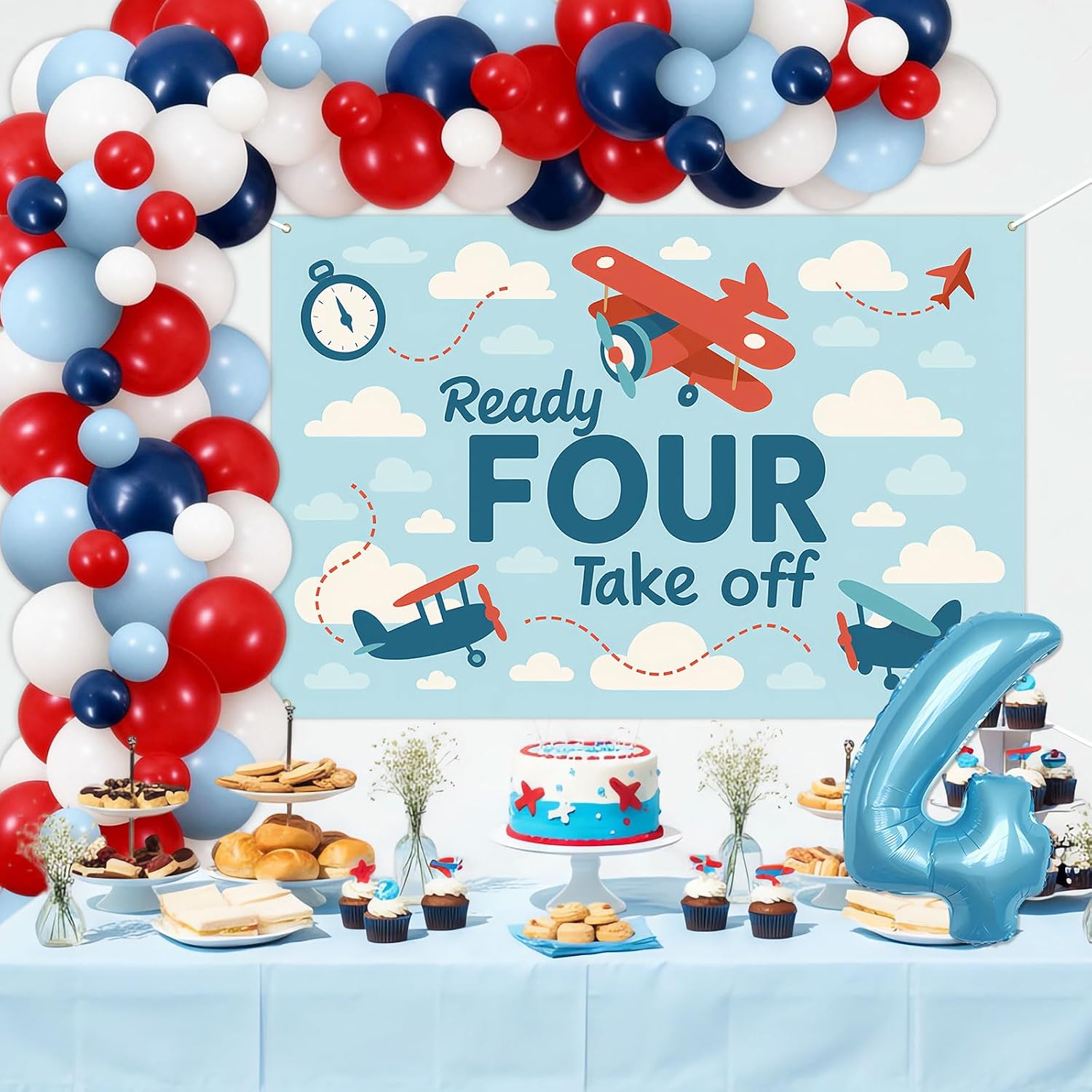 Airplane 4th Birthday Party Decorations Ready Four Take off Backdrop Aviation Plane Theme Red Blue Balloon Garland Arch Kit Number 4 Foil Balloon for Boys Time Flies Theme 4th Birthday Party Supplies