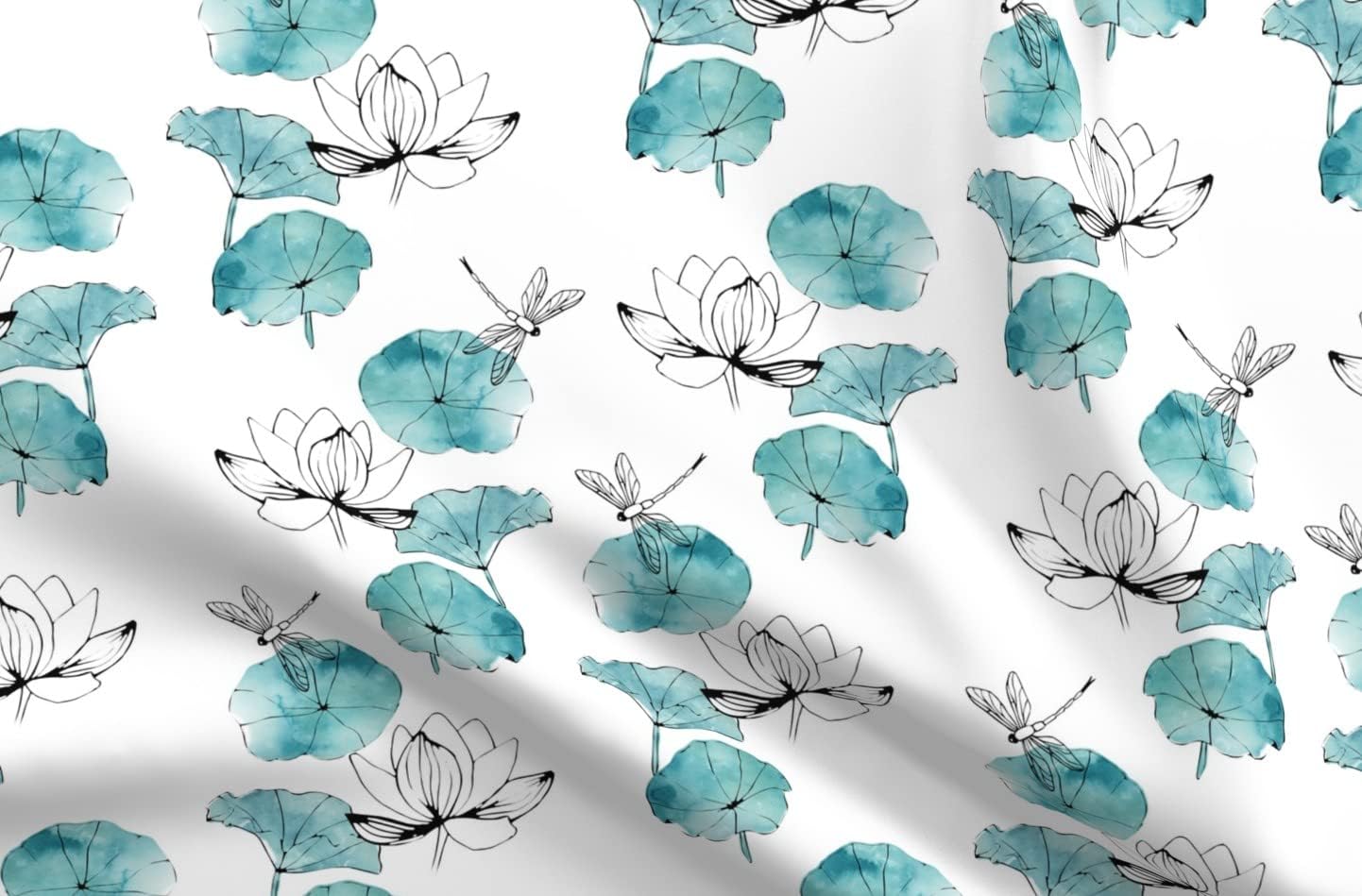 Spoonflower Fabric - Dragonfly Watercolor Lotus Floral Turquoise Blue Green Nature Printed on Upholstery Velvet Fabric Fat Quarter - Upholstery Home Decor Bottomweight Apparel