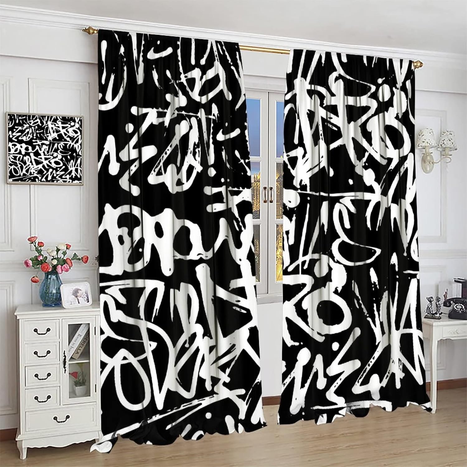 Graffiti Blackout Curtain Black White Abstract Messy Art Window Curtain Noise Reducing Drapes Rod Pocket Kitchen Dining Room Cafe Living Room Bedroom 2 Panels 42x45 in