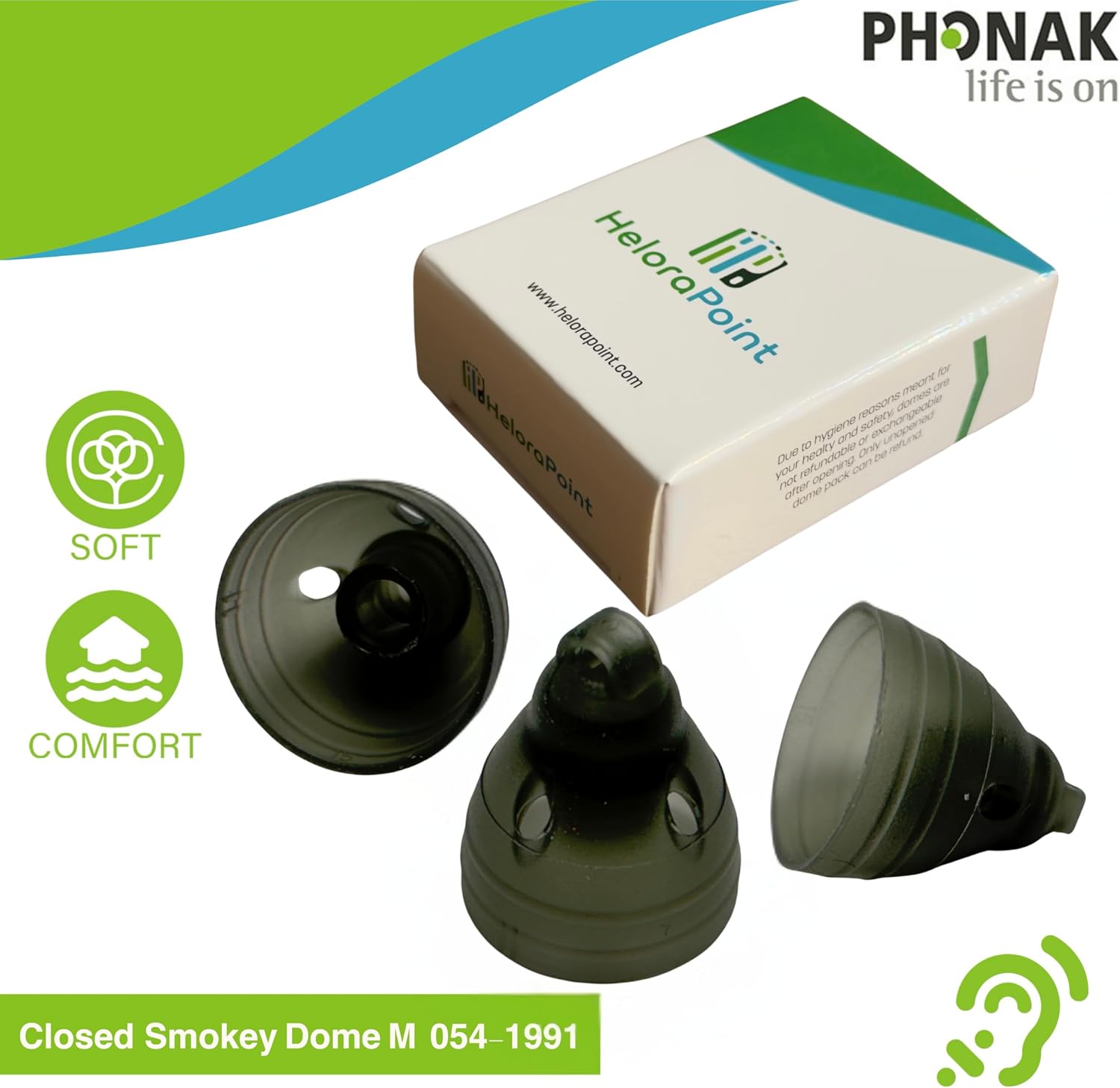 Phonak Closed Smokey Hearing Aid Domes 4.0 – Medium Size (M) – 10 Domes in 1 Pack – Compatible with Marvel, Paradise, Lumity RIC Devices – Original Phonak Replacement Tips (054-1991)