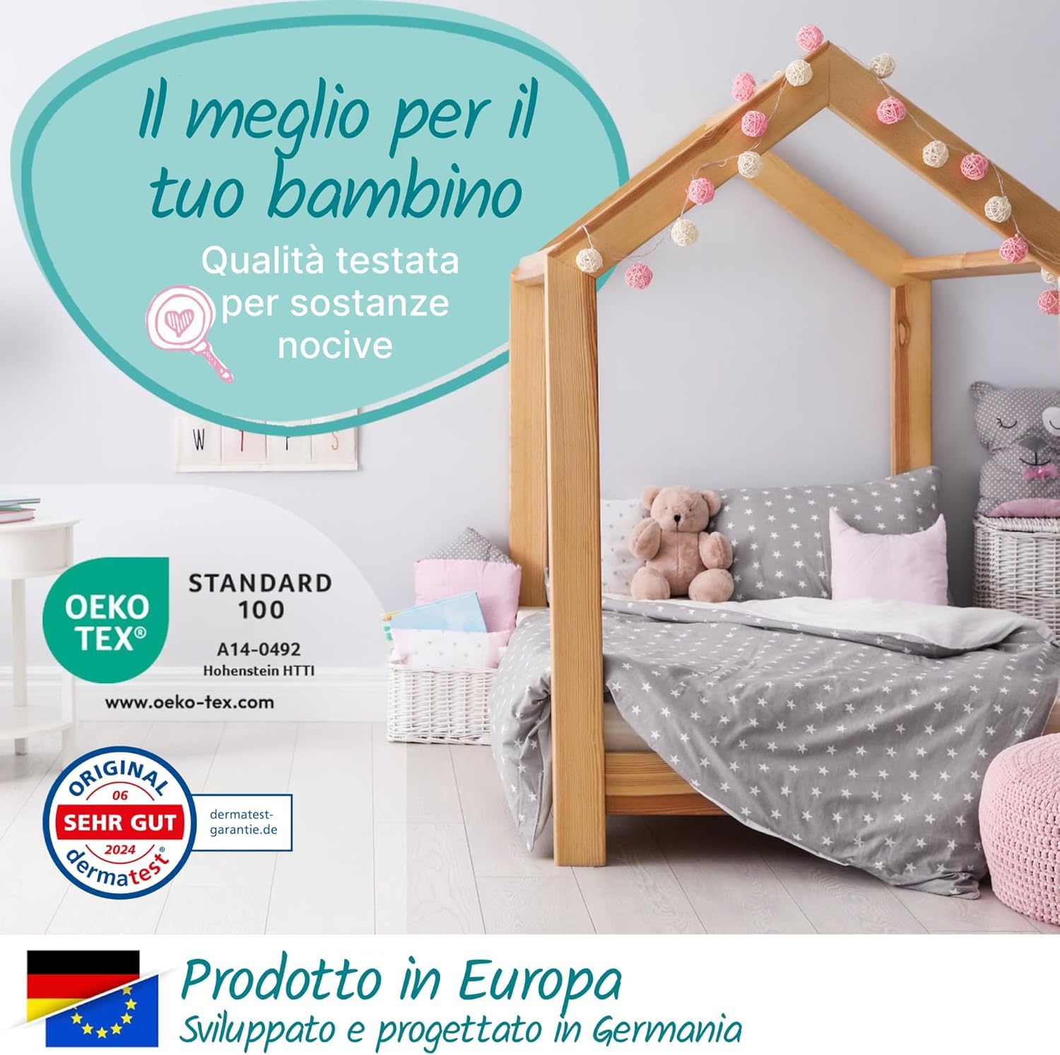 sun garden Materasso per Bambini 80x160 cm H2 | ComfortPur P1440 | Rivestimento Trapuntato con Fibra Climatica & Lavabile | Certificato Oeko-Tex 100
