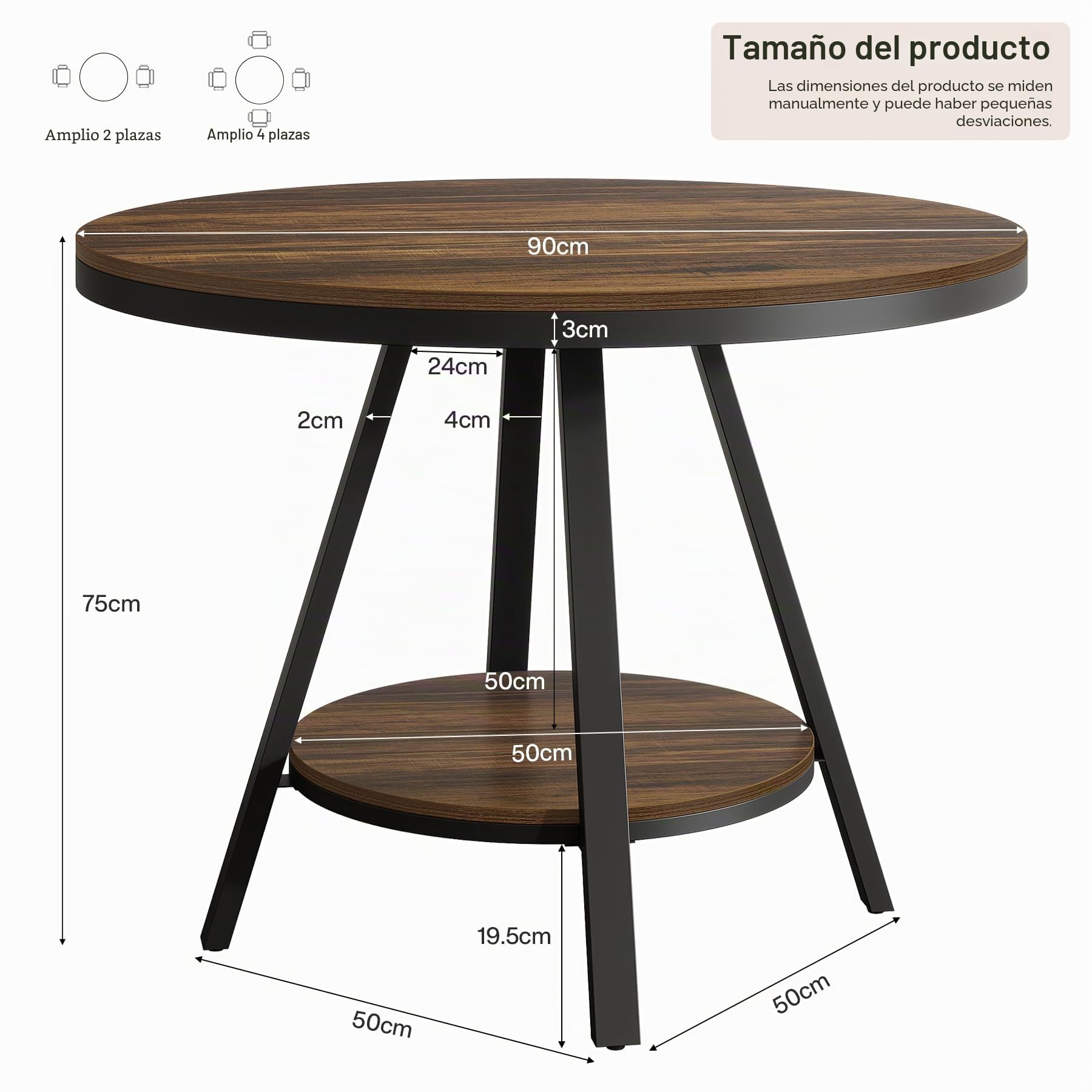Tribesigns Mesa de Comedor Industrial Redonda de Dos Niveles, Mesa de Comedor pequeña para Cocina para 2-4 Personas, Mueble de Cocina de Madera de 90 cm con Patas metálicas Resistentes, marrón