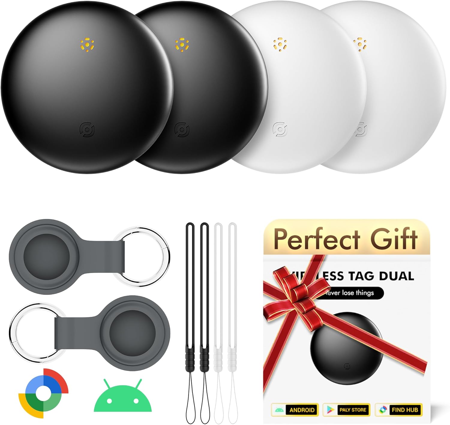 Air Tracker Tags-4 Pack for Android with Case- Bluetooth Tracker Item Finder for Key, Wallet – Works with Google Find Hub, IP66 Waterproof, Smart Tag for Android & Samsung Phones White & Black