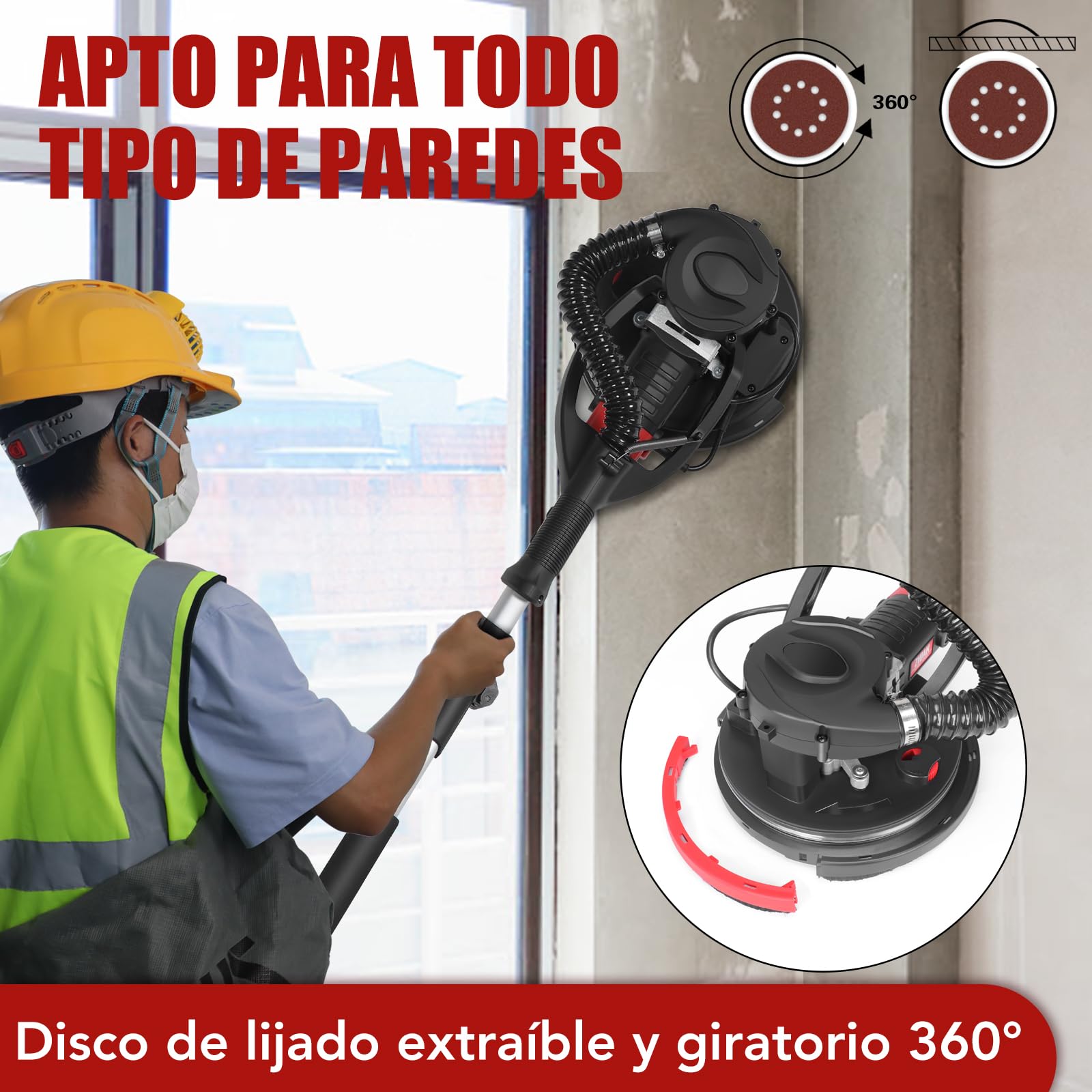 Lijadora Pared y Techo ZHJAN (880W) con Recogida de Polvo de Vacío, 1000-2100 RPM, Lijado en ángulo Muerto, Luz LED, Mango Extensible/plegable, 5 Velocidades,Para Techos Popcorn,Compatible Aspiradoras