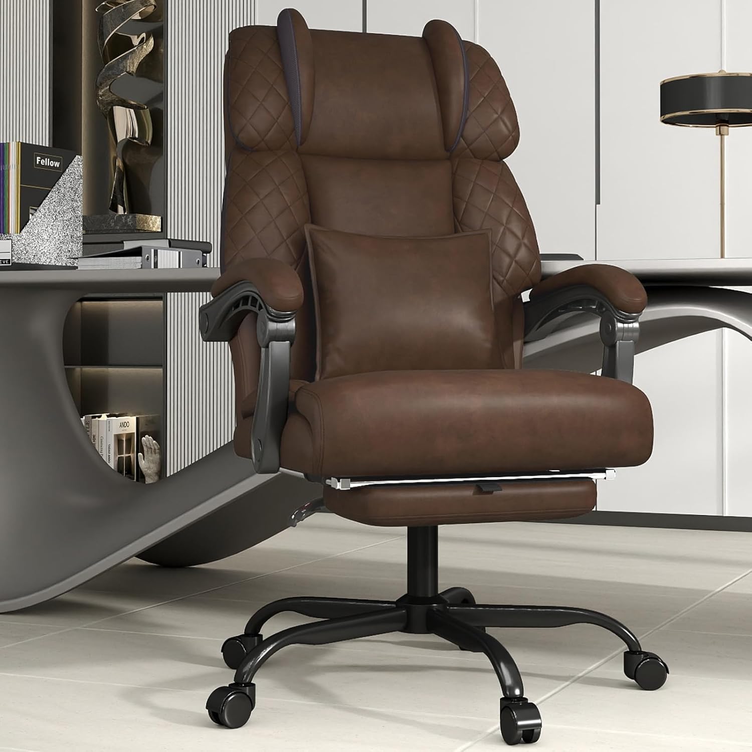 Ergonomic Office Chair with Footrest, 400lbs High Back Executive Home Office Computer Chair with Unique Ear-Shape Headrest for Neck Support,Coffee Leather Office Chairs for Home Office Work