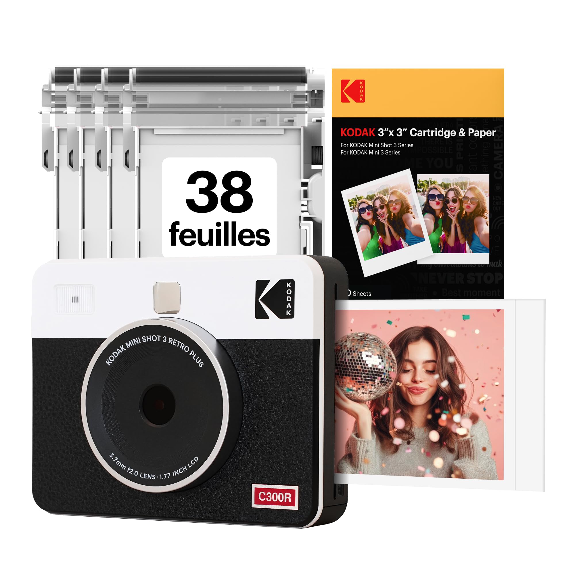 Kodak Mini Shot 3 Retro Cadeau Noel, Appareil Photo Instantané Vintage avec Imprimante Photo Portable, 76x76 mm, Technologie 4Pass, Pack de 38 Papiers Photo – Blanc