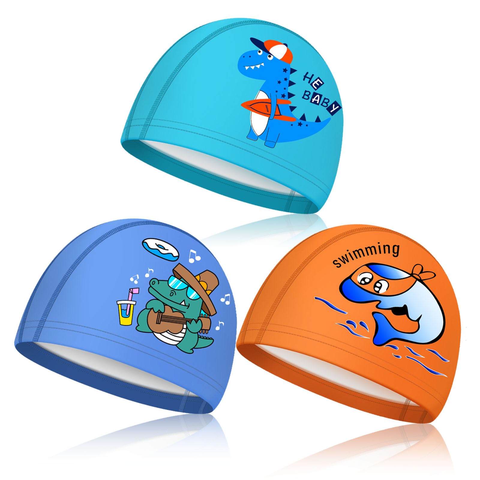 ZOCONE 3 Piezas Gorro Piscina Niño Tela Gorro Natación Niño con Dinosaurio Delfín Cocodrilo Dibujo Animado Gorros de Piscina Niños Elásticos Gorro Natacion Impermeable para Niño Niña Chico