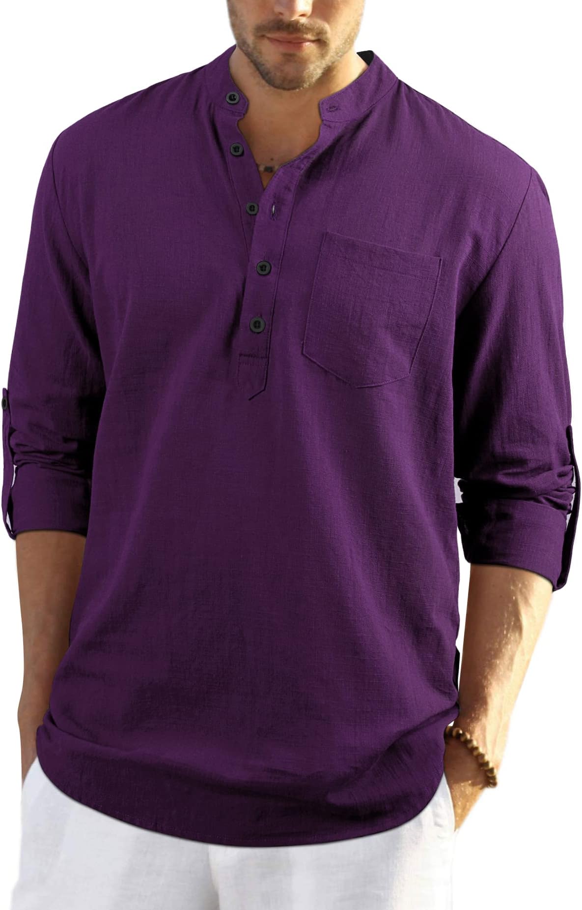 Mens Casual Cotton Linen Shirt Long Sleeve Button Down Summer Lightweight Henley Shirt Tops