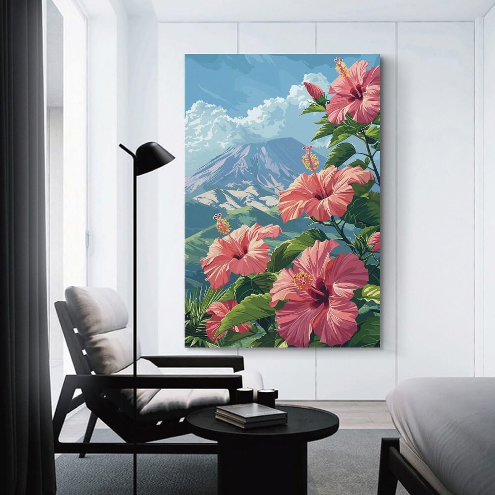 Junmoney Room Decor Wall Art Hibiscus And Mountain, 20x30inch(50x75cm), for Living Room, Bedroom, Office Or Hallway, An Adaptable Decor Piece for Home Use