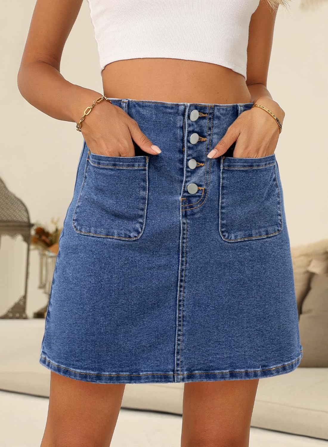Sidefeel Women's Jean Skirt High Waist Summer Stretch Zimbaplatinum Denim Skirt Button Knee Length Skirt with Pockets - Image 3