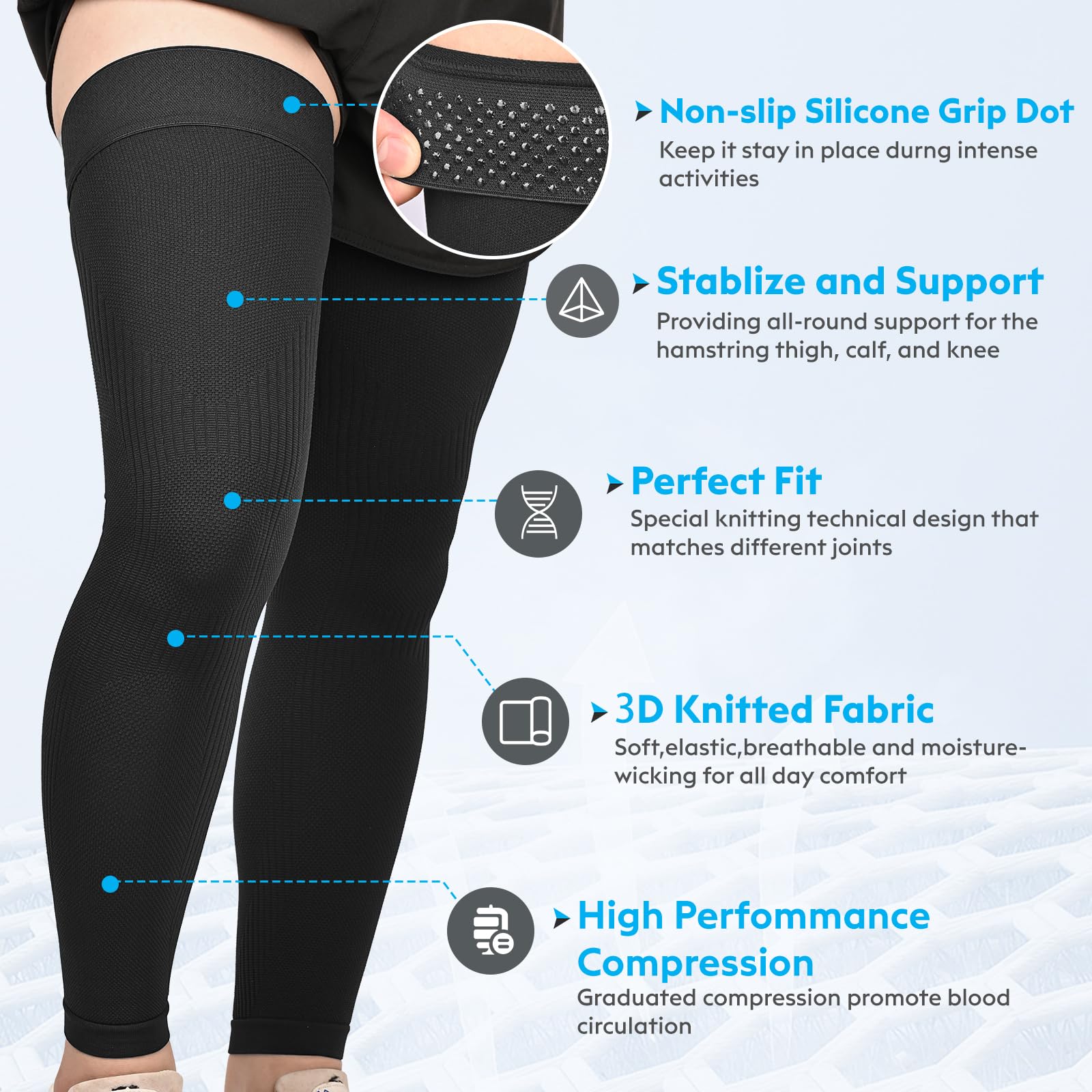 KEKING Mangas de compresión de pierna completa, unisex, medias de compresión hasta el muslo, 20-30 mmHg, soporte graduado para muslo, pantorrilla y rodilla