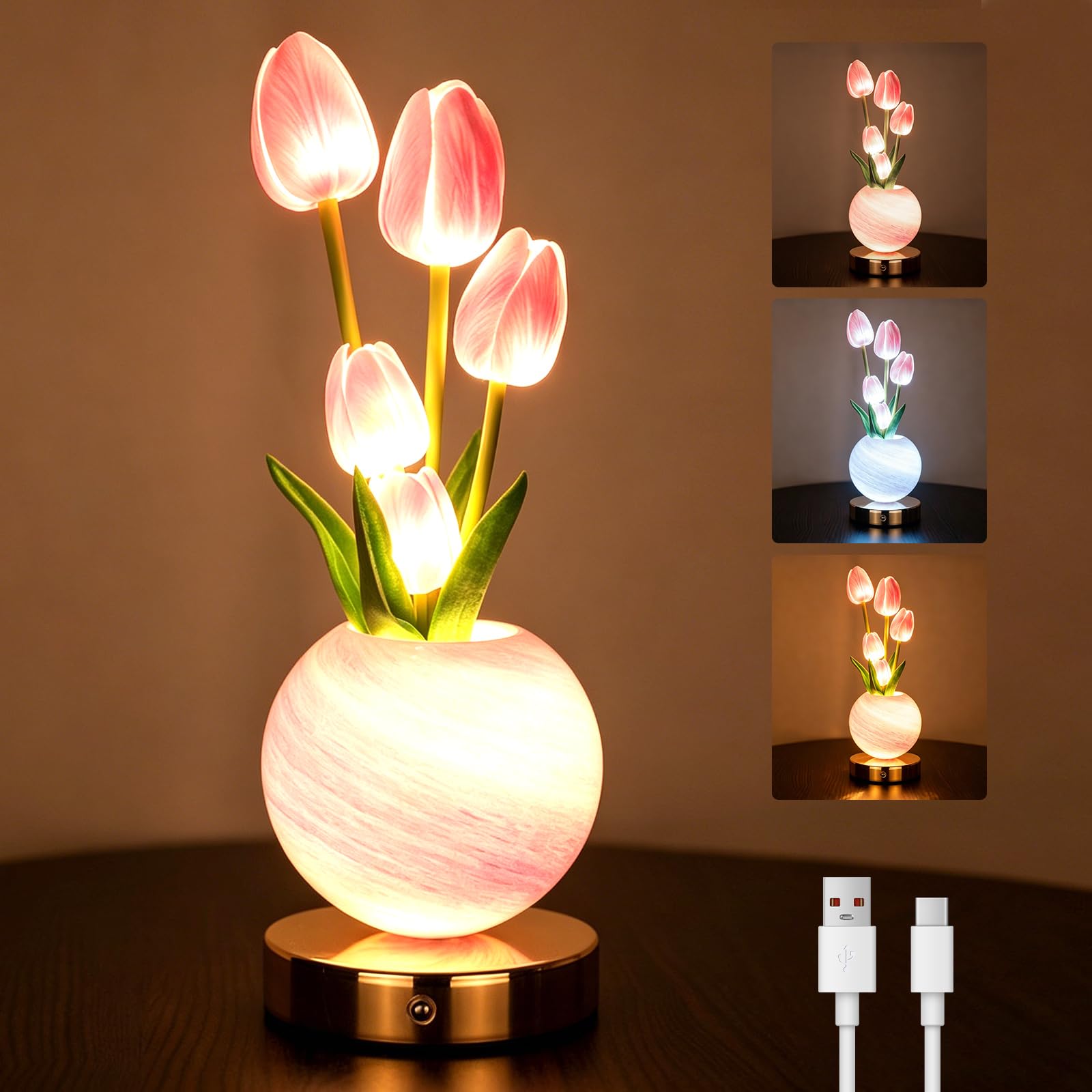 Lampada da Comodino con Ricarica USB, Luce Notturna Tulipano Rosa con 3 Modalità di Colore e Intensità Regolabile, Lampada da Comodino Senza Fili Touch per Camera Regalo di Compleanno per