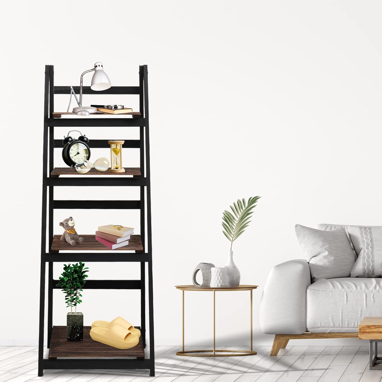 Babion 4-Tier Ladder Shelf, Ladder Shelves Folding Shelf Stable Wooden Black Shelf Freestanding Plant Shelves Indoor Flowerpot Stand Rustic Ladder Bookshelf for Office, Bedroom, Balcony (Black+Brown)