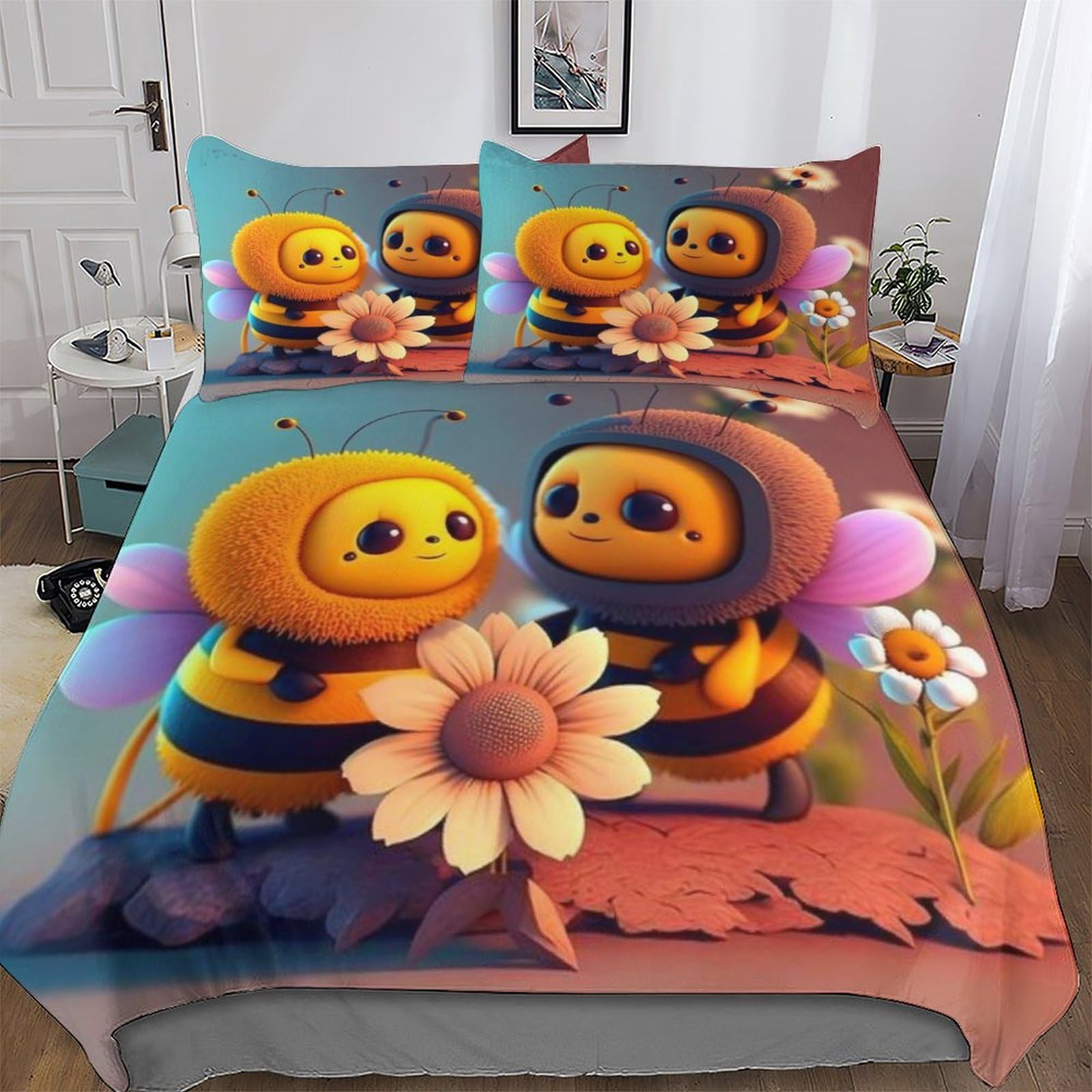 Dcccy Boys Bee Duvet Cover Bedding Set Bedspread Cover With Pillowcase Microfiber Quilt Cover Soft 3 Piece Set For Girls Double (200X200cm)