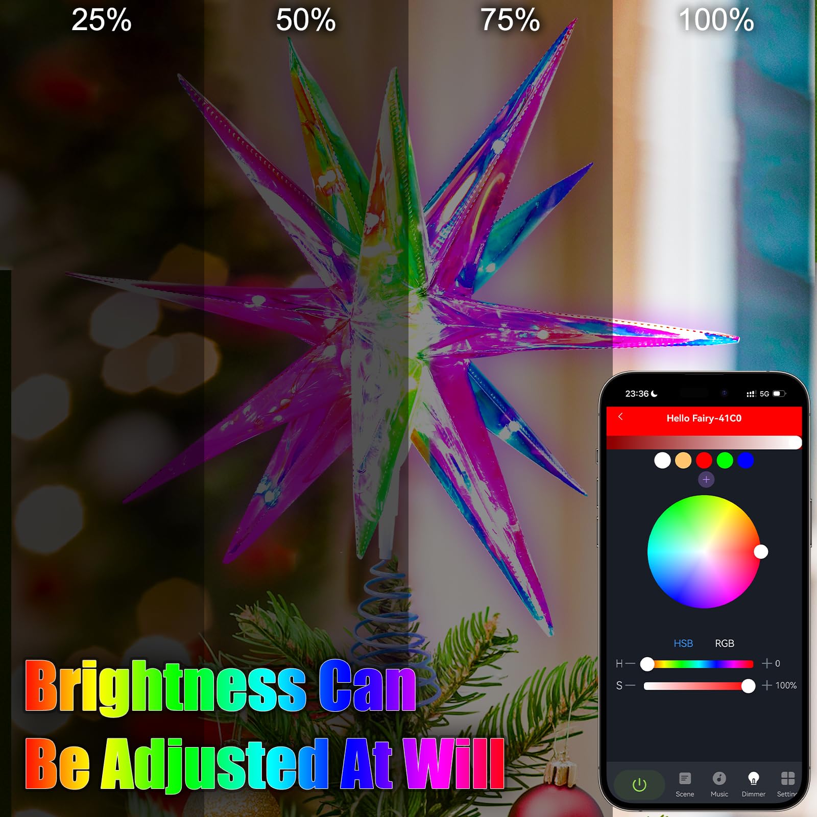 Étoile Lumineuse LeuKoles Pour Sapin - Bluetooth, 16M De Couleurs, Contrôle App Et Musique