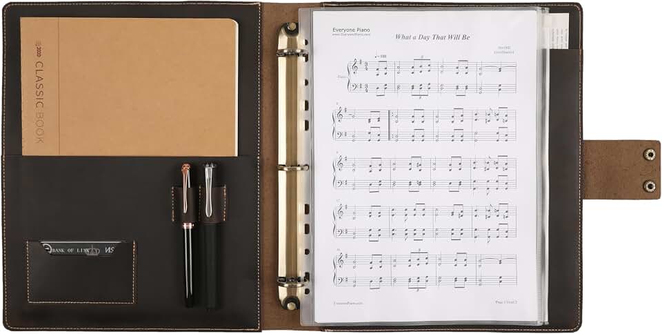 Personalized Leather Music Folder, Sheet Music Binder Music Holder, Leather Binder 3-Ring for 8.5 x 11 Music Sheet with Clear Shee
