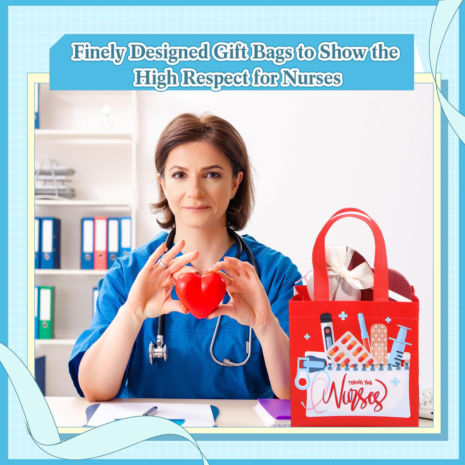 SiliFine 48 Pcs Nurse Appreciation Gifts Bags Thank You Nurses Non Woven Tote Medical Assistant Goodie Bags with Handles for Nurses' Day Party Supplies Graduation Decorations, 8 x 6 x 8 Inches