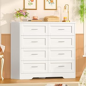 TEENFON Comoda Dormitorio 8 Cajones Blanca, Cómoda y Cajonera Multifunción para Dormitorio - Sinfonier Blanco de Gran Capacidad, Ideal para Salón y Entrada, 107x35x96.5cm