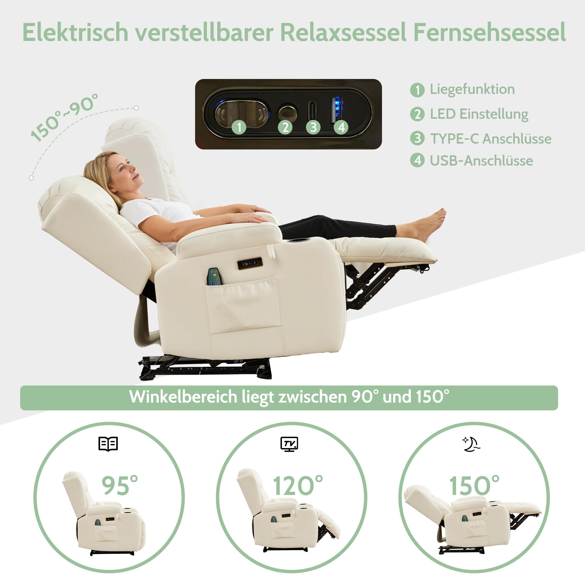 Relaxsessel mit Massage und Heizfunktion, Fernsehsessel Elektrisch Verstellbar, TV Sessel mit USB-Anschlüsse, Getränkehalter, Seitentaschen, Kunstleder (Cremeweiß)