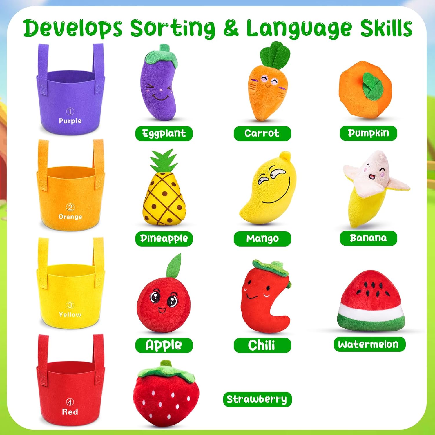 Baby Sensory Toys for 6-12 Months, Montessori Toys for 1 Year Old Boy Girl, Color Sorting & Counting, Soft Fruit Vegetable Play Food with Rattle Crinkle, Toddler Learning Toy for First Birthday Gift