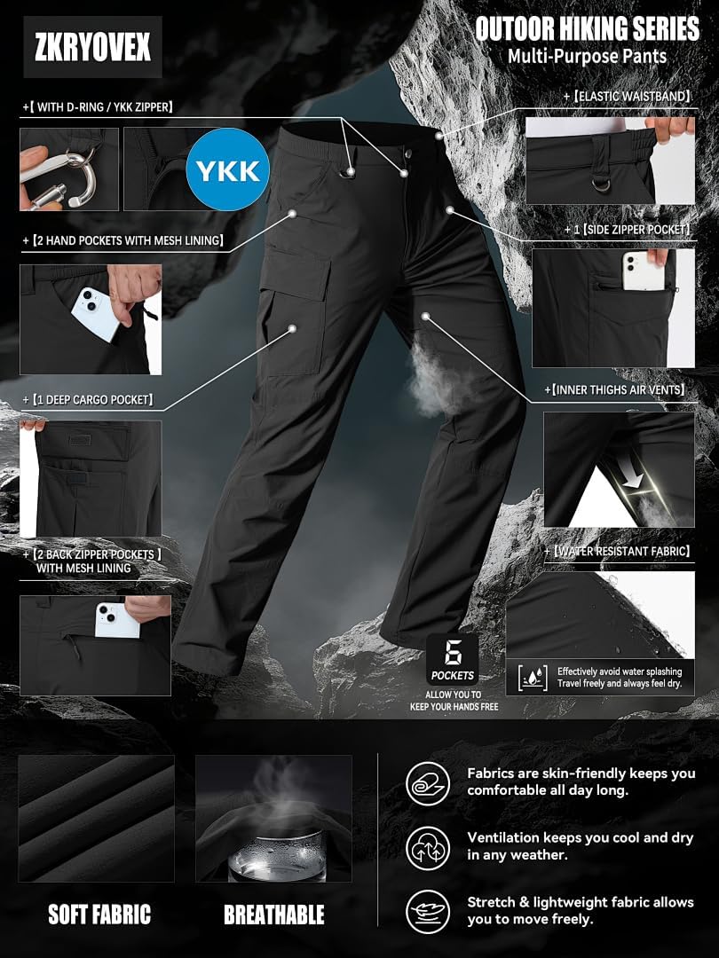 Men's Hiking Pants Lightweight Quick Dry Water Resistant Breathable Outdoor Fishing Travel Cargo Work Pants