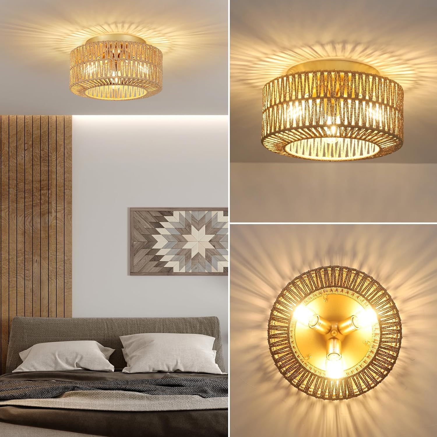 FRIDEKO HOME Deckenlampe Boho,3 Flammig Deckenleuchte Vintage mit Rattan Lampenschirm Hängelampe E27 Fassung für Wohnzimmer Esszimmer Schlafzimmer Küche Flur