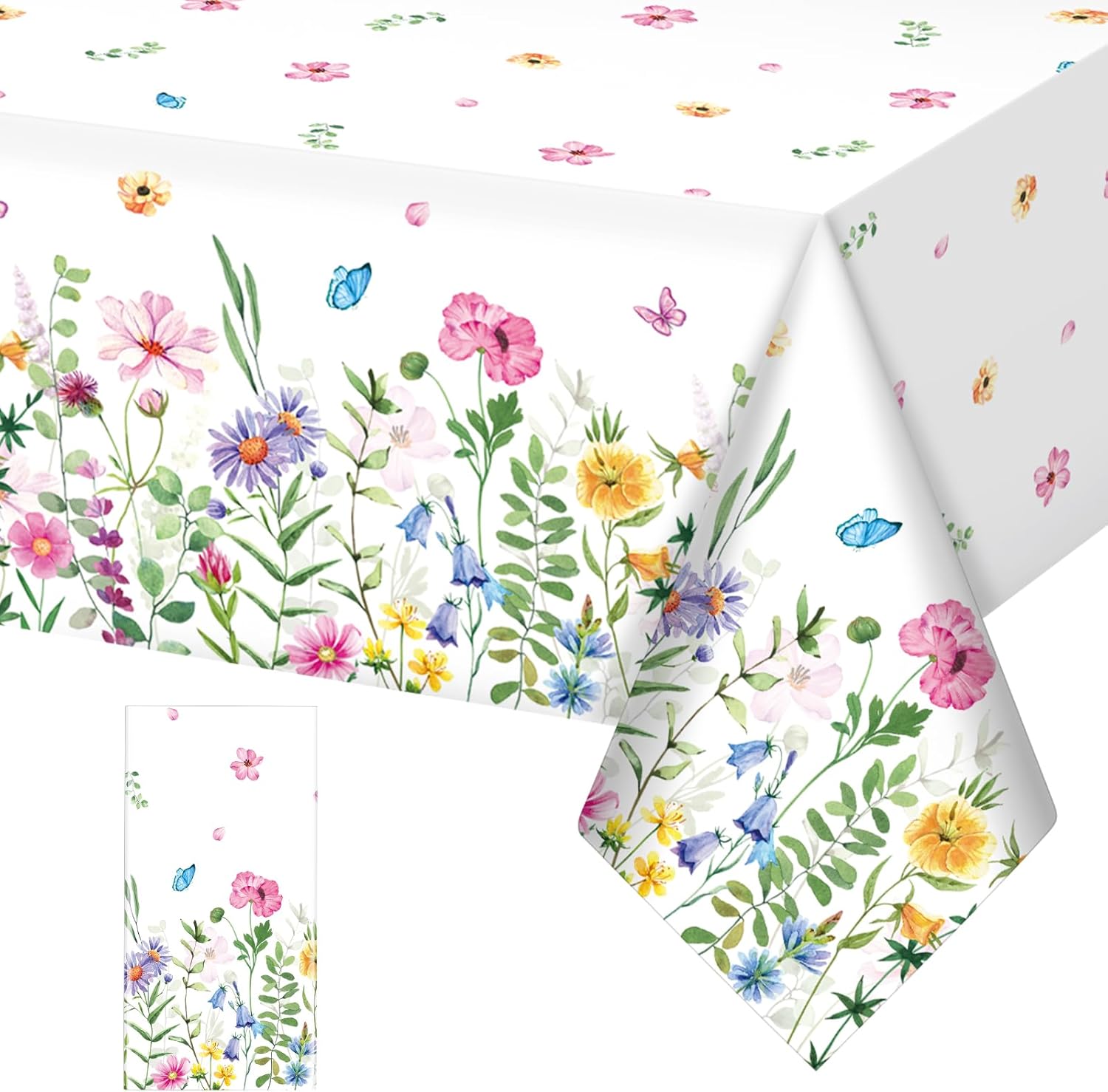 4.5x100 Feet Roll of Spring Floral Plastic Tablecloth,Pink Purple Blue Flower Butterfly Disposable Table Cover Summer Spring Photography Backdrop for Holiday Weeding Birthday Tea Party Decorations
