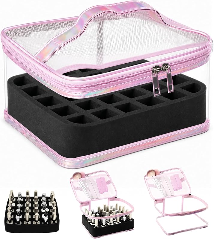 Estojo organizador transparente YINGJEE para esmaltes, com divisórias e zíper, rosa