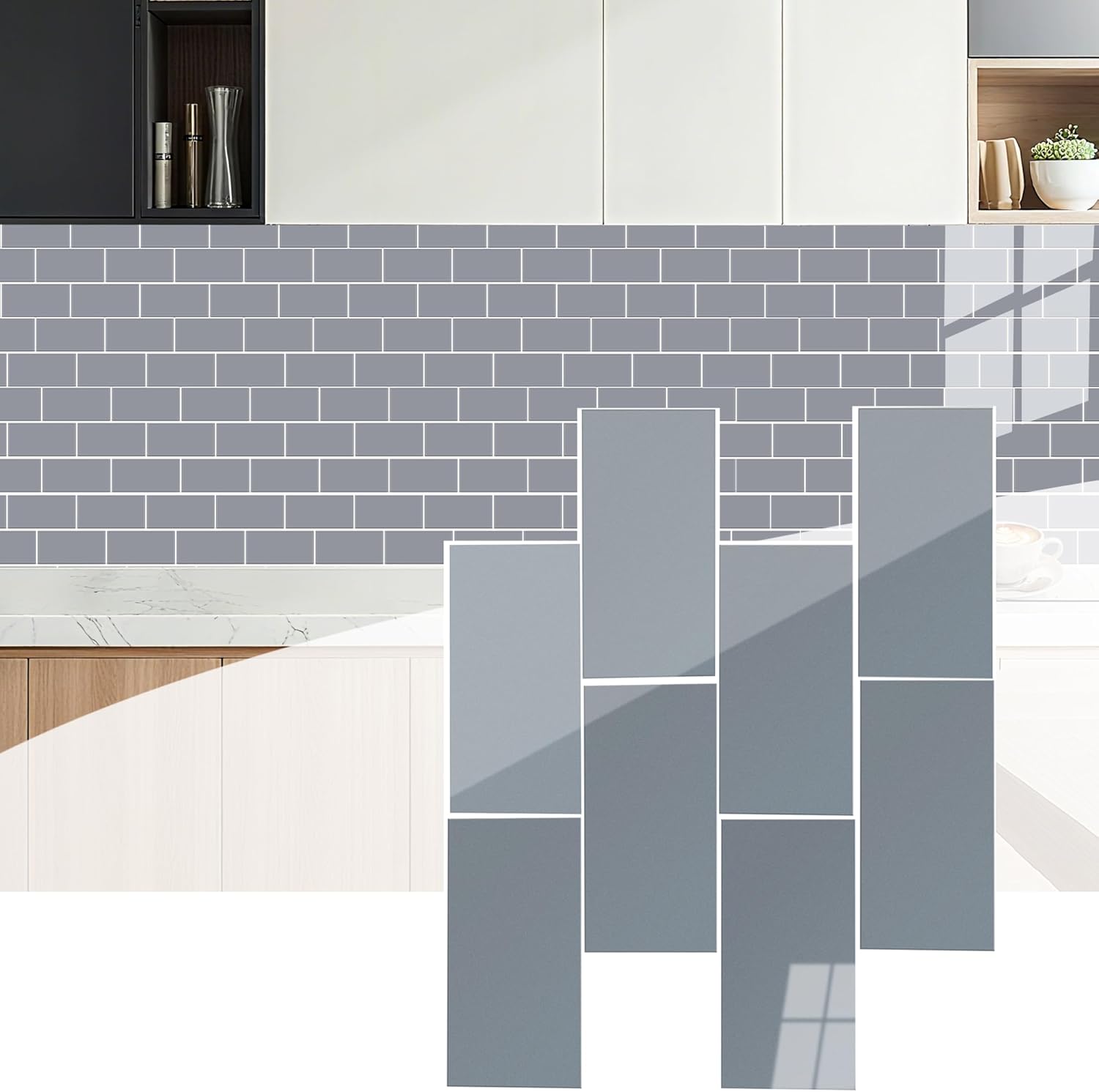 KASARO Peel and Stick Subway Backsplash, Glass Thicker Wall Tile Stick on Kitchen, Bathroom, Grey, 5-Sheet