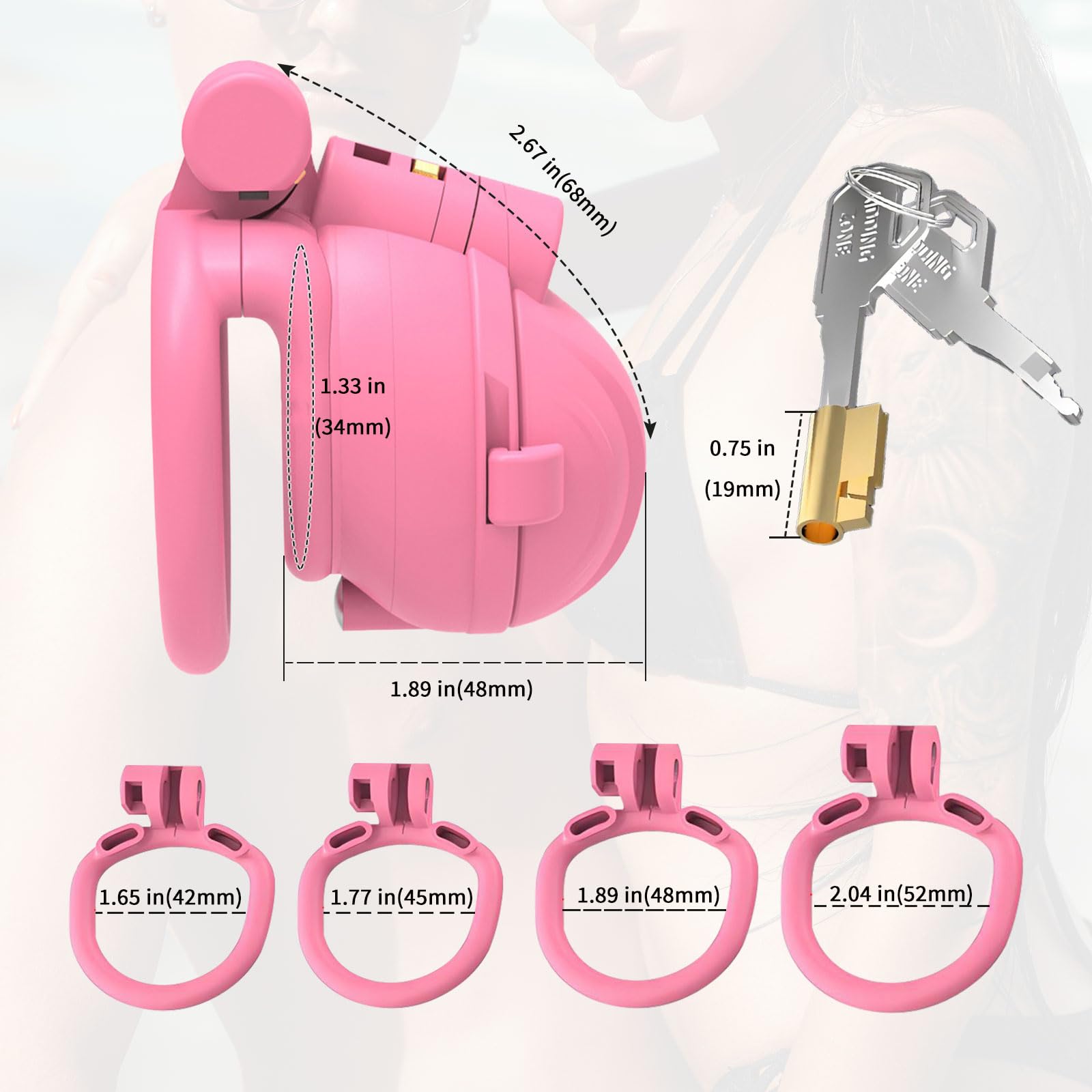 Cage de Chasteté en Résine de Nylon avec 30 Dents et 2 Serrures Cachées SM Jouets Sexuels Masculins Cage de Pénis avec 4 Anneaux Amovibles pour L'entraînement du Pénis Masculin (Arc Ring,Pink)