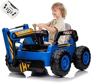 Ride On Excavator for Kids, 4WD Electric Excavator Toy, 12V Battery Powered Construction Truck Digger with Remote Control. Spring Suspension, Bluetooth for Toddlers Over 37 Months, Blue