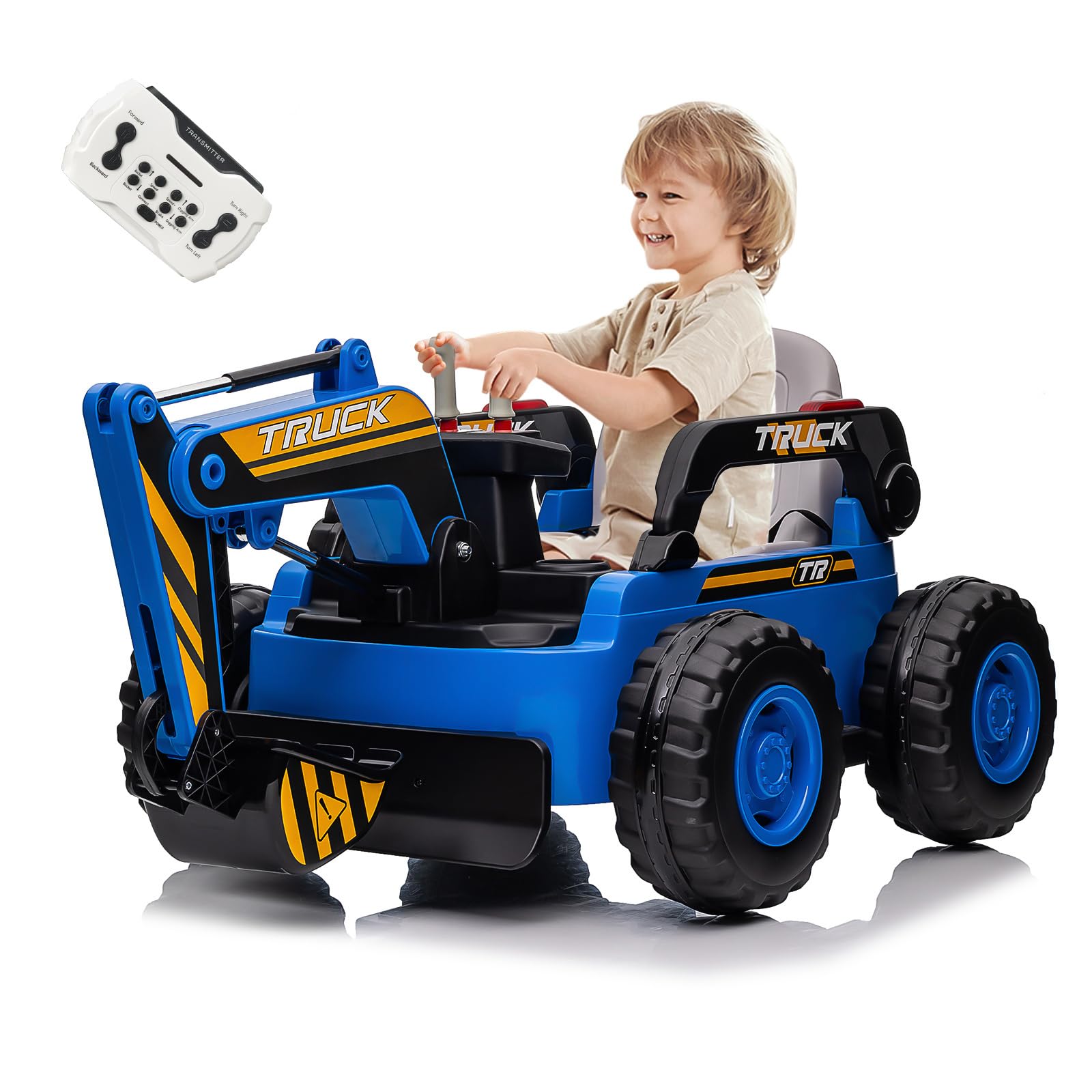 Hetoy Ride On Excavator for Kids, 4WD Electric Excavator Toy, 12V Battery Powered Construction Truck Digger with Remote Control. Spring Suspension, Bluetooth for Toddlers Over 37 Months, Blue