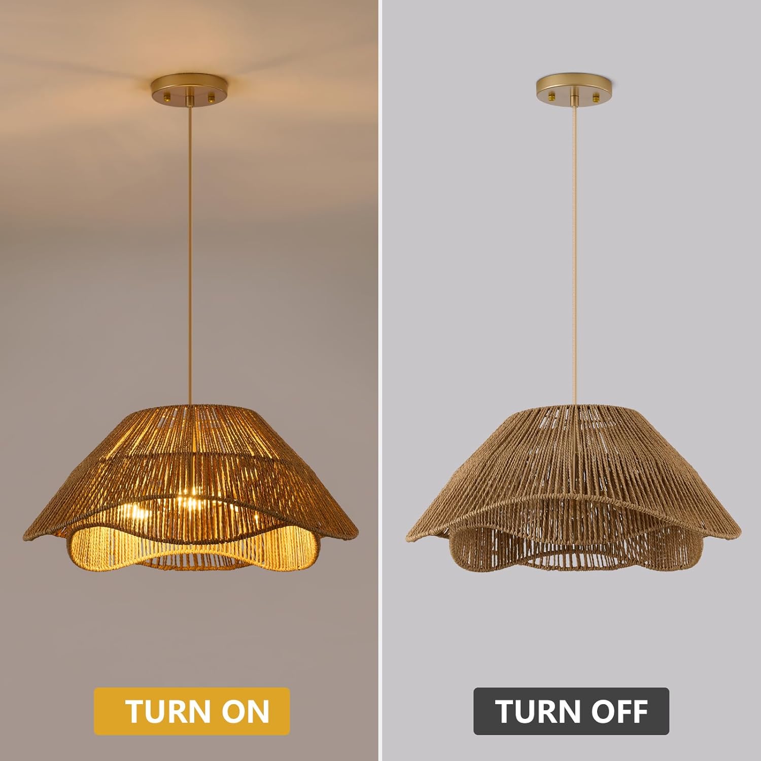 19.68" Large Gold Rattan Pendant Light, 3-Light Farmhouse Chandeliers for Dining Room, Woven Wicker Flush Mount Hanging Light, Adjustable Boho Pendant Lighting for Kitchen Island Bedroom
