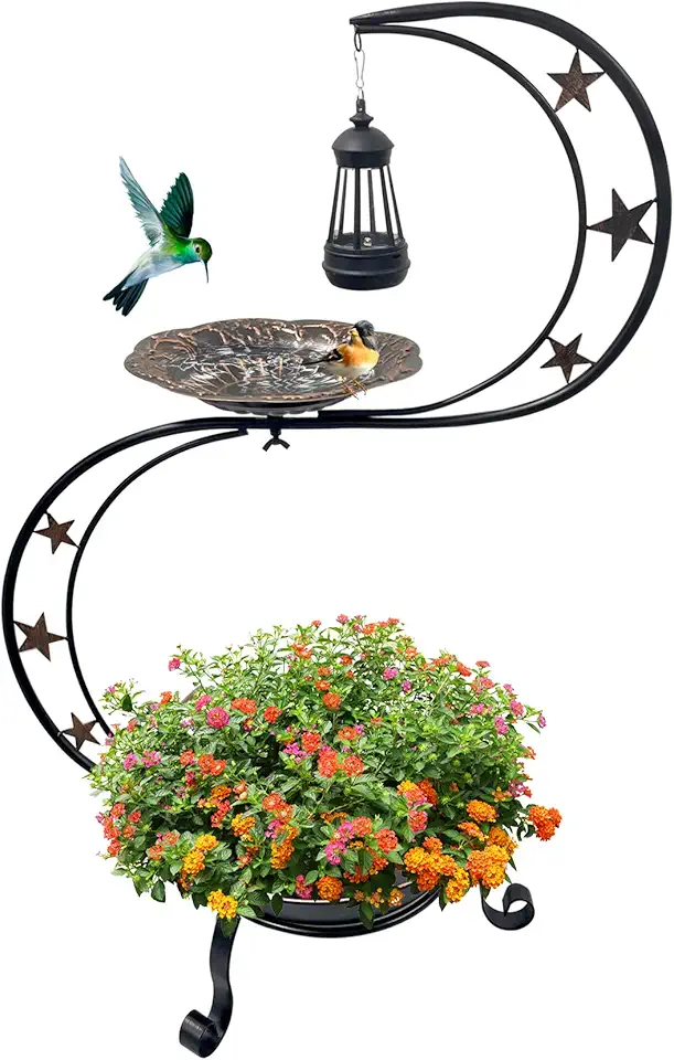 Solar Bird Bath for Outside, Vintage Metal Bath Bowl Standing Birdbaths with Flower Planter for Garden Yard Lawn Decor