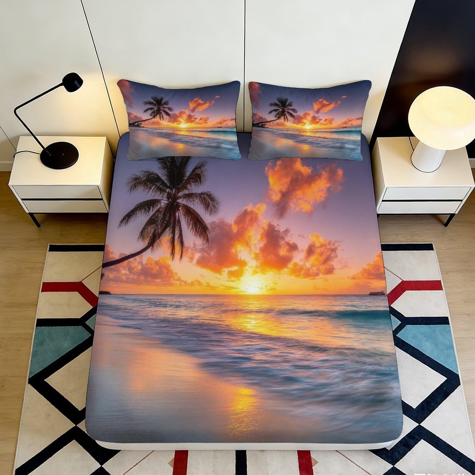 3D Printed Tropical Sunset Fitted Sheet Microfiber Soft Breathable Beach View Bed Cover for Bedroom Dormitory Guest Room Mattress Protection Decor 180x200x25cm