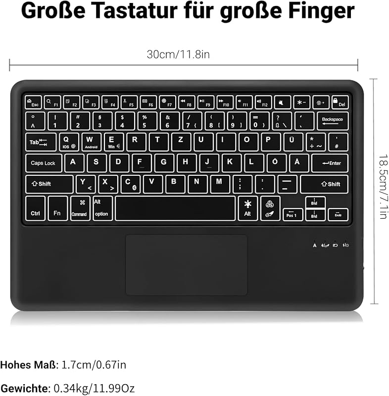 SENGBIRCH Bluetooth Billentyűzet Érintőpaddal - QWERTZ Német Kiosztás, 7 Színű Háttérvilágítás, Vezeték Nélküli, Windows/Android/iOS Kompati