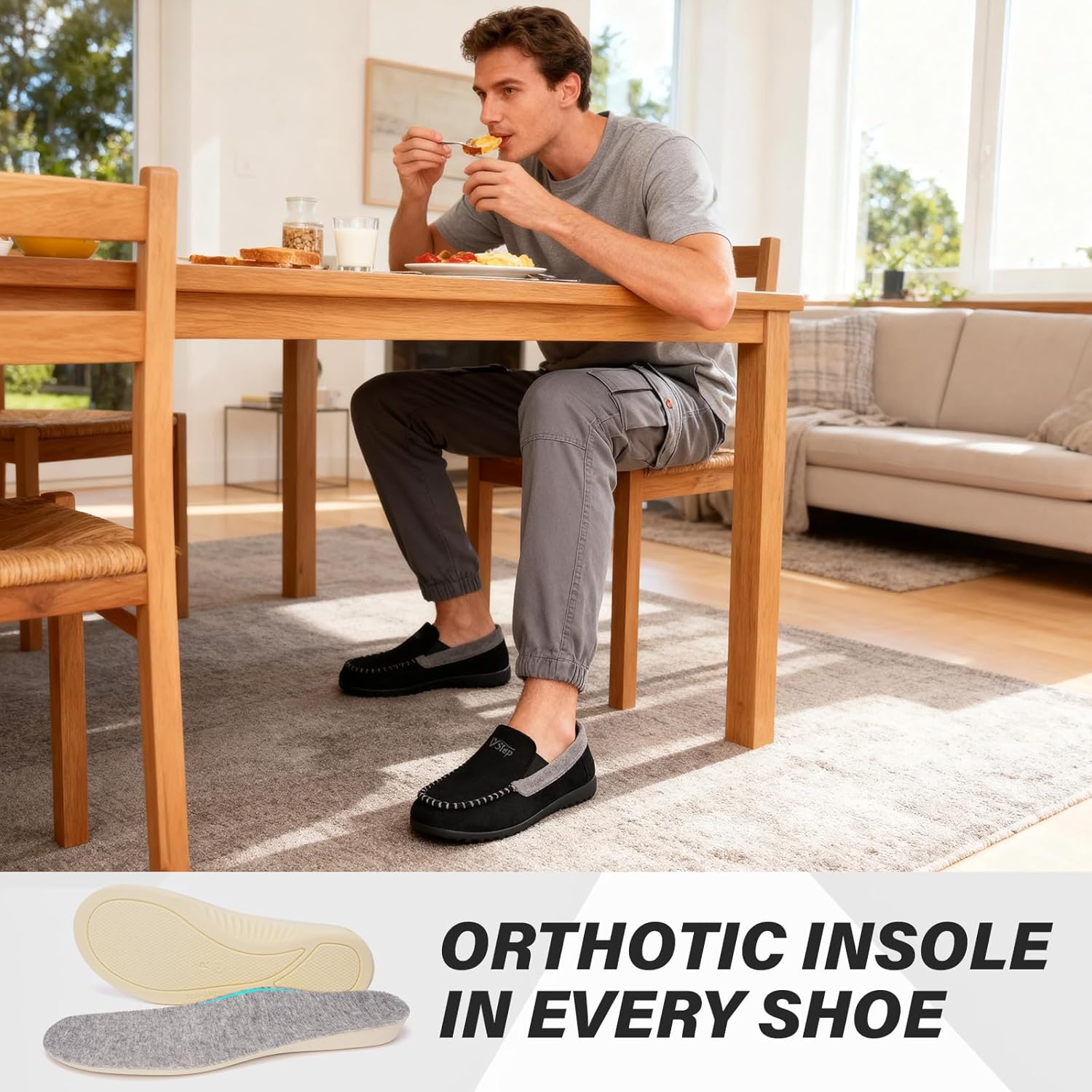 V.Step Orthopedic Arch Support Moccasin Loafer Slippers for Men, Orthotic Support for Plantar Fasciitis, Full Coverage Indoor Outdoor House Slippers for Bedroom Living Room - Image 3