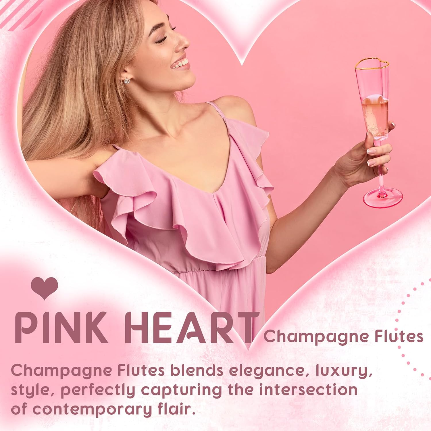 Didaey 2 Pack Wedding Heart Shaped Champagne Flutes Pink Coupe Martini Glasses Cocktail Toasting Glasses Wine Cups with Gold Rim for Bridal Shower Celebrations Girl Birthday Party Supplies(Retro)