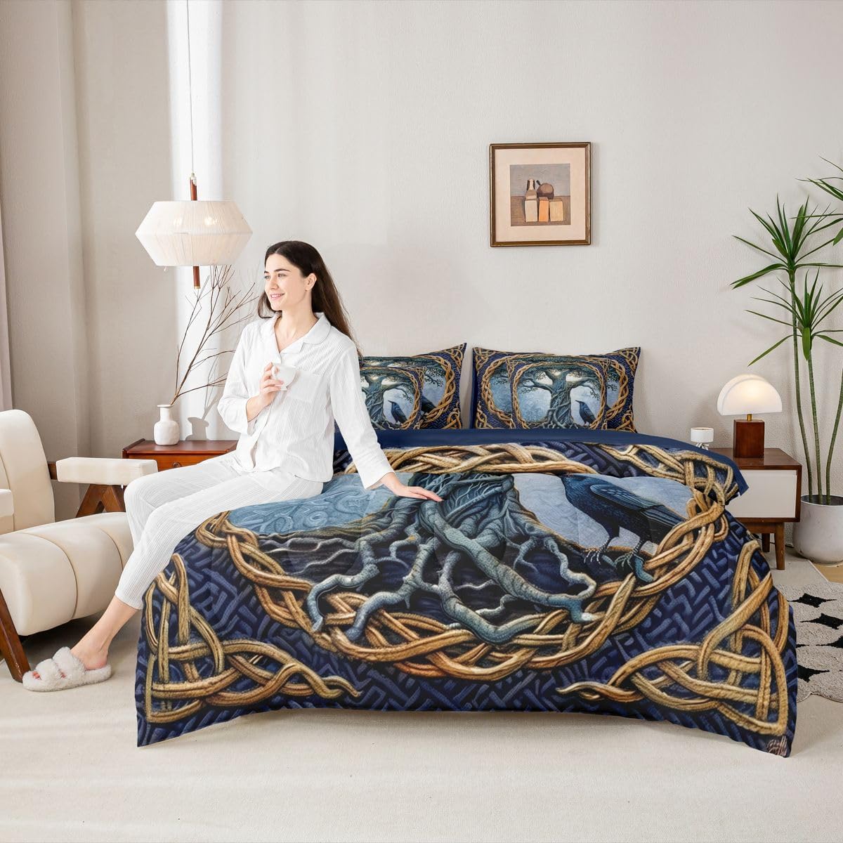 Erosebridal Viking Twin Comforter Set with Sheets 7 Piece Ancient Gothic Crow Bed in A Bag Exotic Tribal Nordic Bedding Sets for Women Men Nordic Tree of Life Bed Set