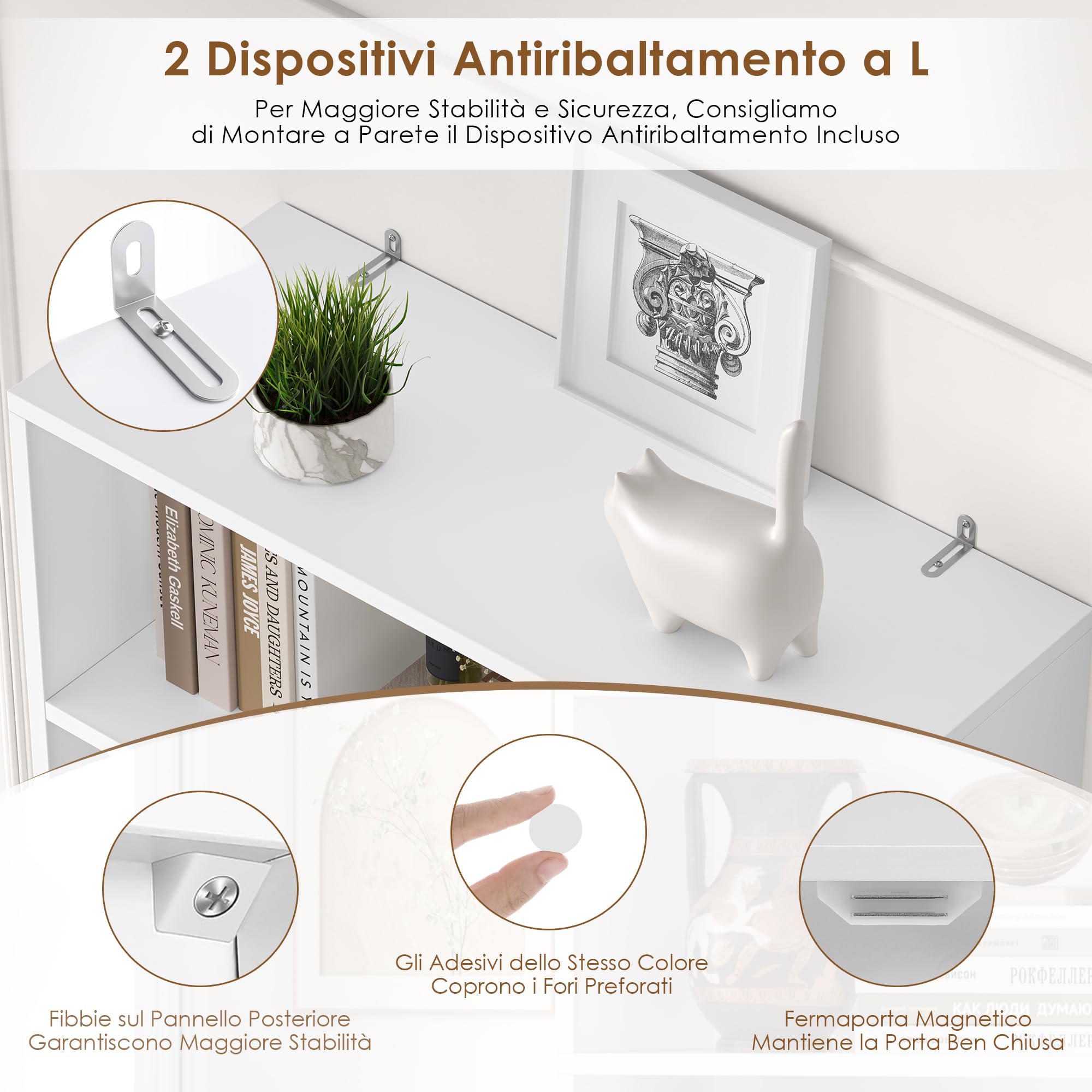 FirFurd Libreria Scaffale 209 cm con 7 Scomparti Aperti, libreria Verticale con Ante, Libreria da Parete con Ripiano Regolabile, per soggiorno, ufficio, cucina, 60 x 23,5 x 209 cm (Bianco)