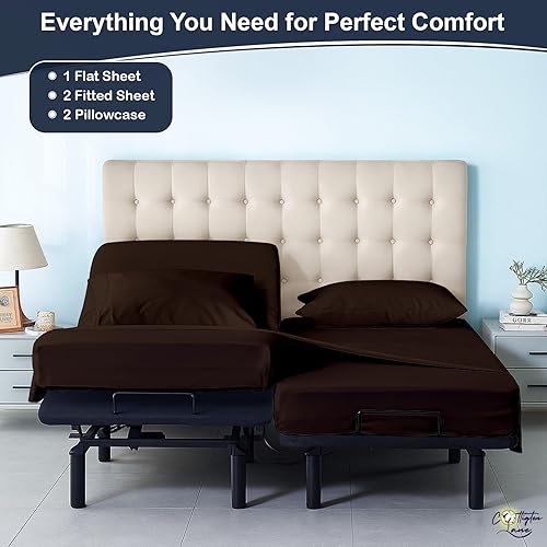 Miniatura 4 de Juego de sábanas de 5 piezas para camas ajustables, 400 hilos, 100% algodón (chocolate sólido)